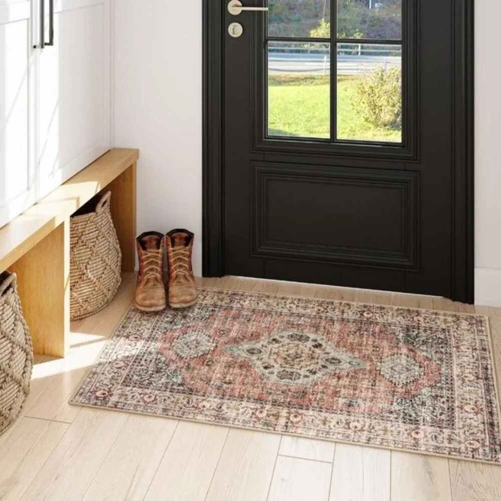 New 2x4 Peach Orange Oriental Rug, Washable, Non-Slip Vintage Entryway Carpet